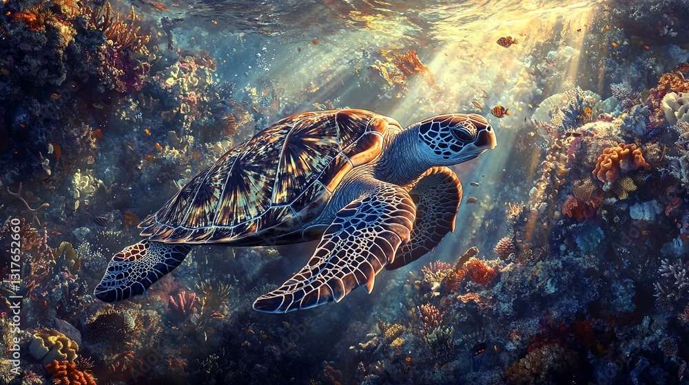 Obraz premium Endangered Hawksbill Sea Turtle in Vibrant Coral Reef with Sunlight Beams, Ultra-Realistic Marine Life Photography
