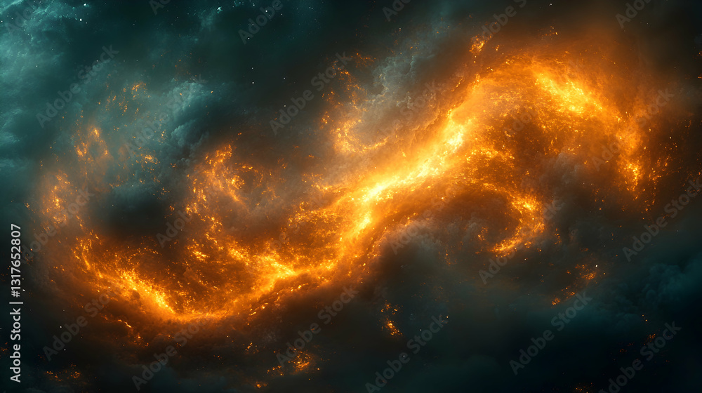 Fototapeta premium Fiery nebula swirls through cosmic clouds. Intricate patterns of orange-yellow flames against dark, swirling nebulae, speckled with distant stars