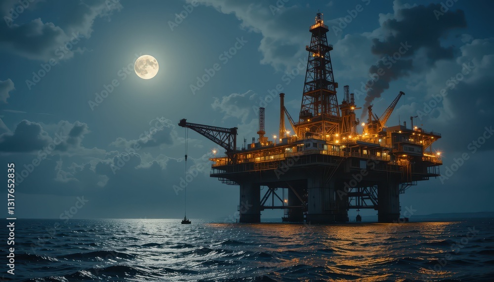 Nighttime Oil Rig Reflection Under Full Moon on Calm Ocean Waters Nighttime Oil Rig Reflection Under Full Moon on Calm Ocean Waters
