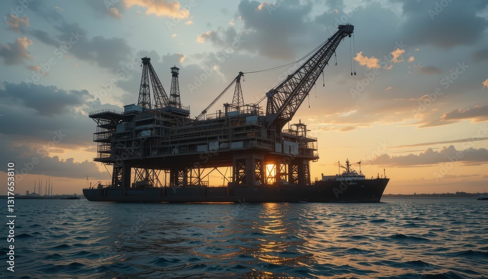 Sunset Over Offshore Oil Rig with Crane and Calm Water Reflection Sunset Over Offshore Oil Rig with Crane and Calm Water Reflection