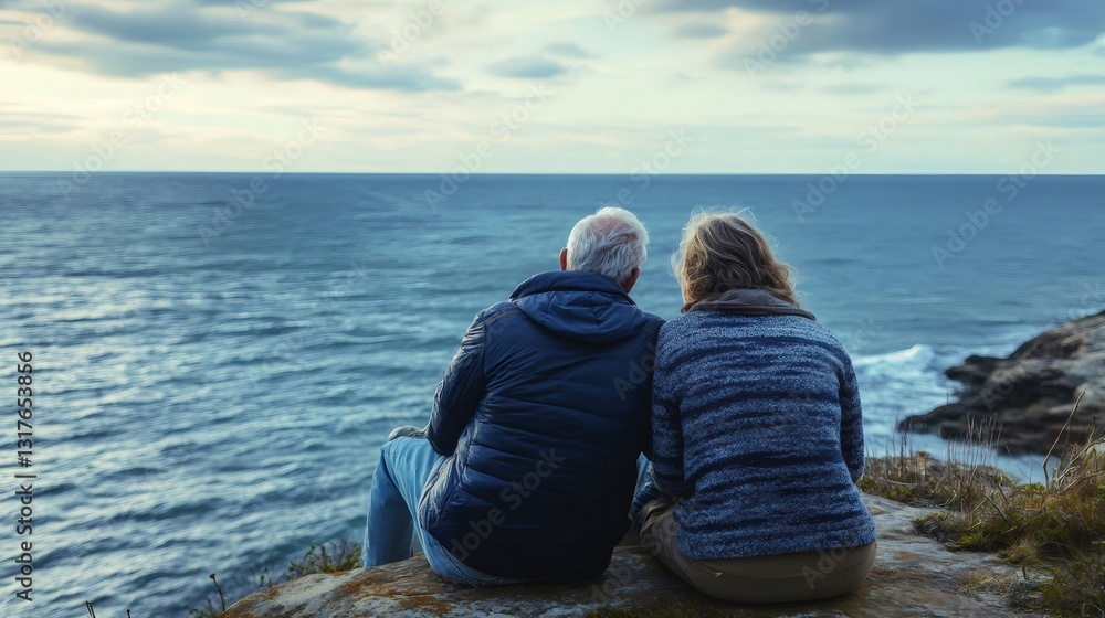 Fototapeta premium Senior couple enjoying ocean view at sunset from cliff