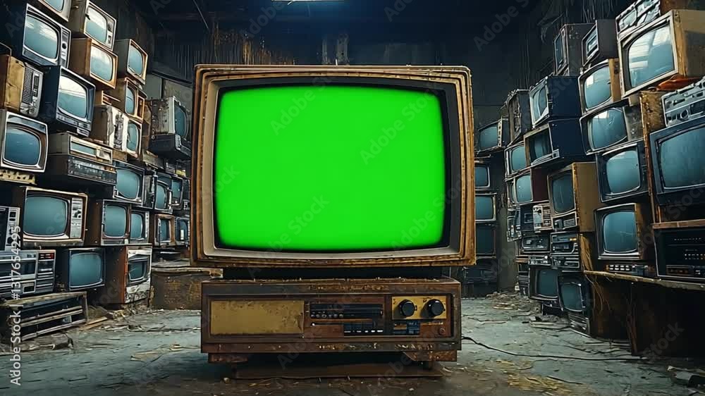 Vintage TV in a cluttered antique shop. Green screen TV. Possible use Stock photography for vintage TV or retro themes