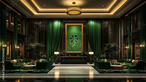 Wallpaper Mural Upscale Hotel Lobby with St. Patrick's Day Themed Artworks and Elegant Green Draperies Torontodigital.ca