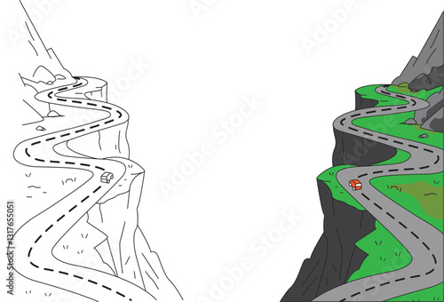 Road Mountain Dangerous vectors, A narrow mountain road with a rope bridge presents a significant risk, demanding caution from travelers. The unstable terrain increases the chances of landslides.