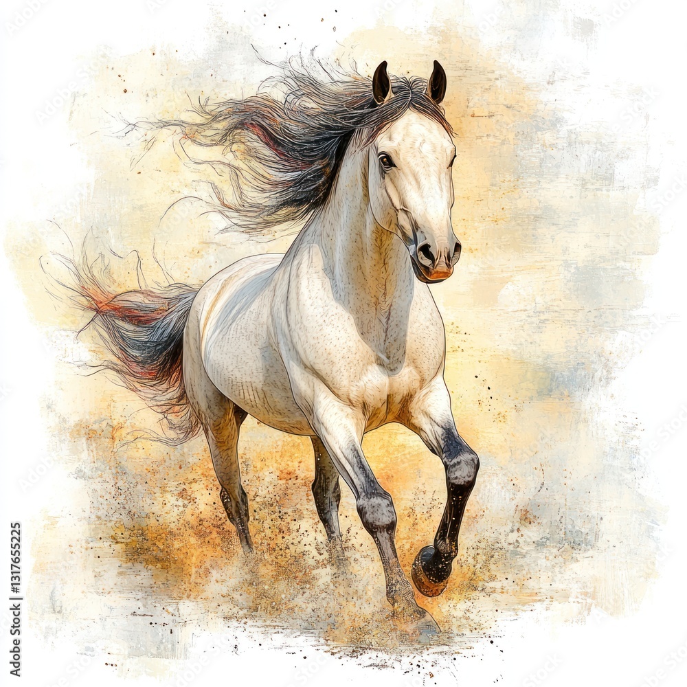 Fototapeta premium Vibrant watercolor horse with flowing mane and tail, detailed and expressive animal portrait for design and print, animal and nature concept