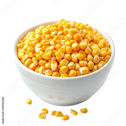 yellow corn kernels with white bowl isolated on white transparent background