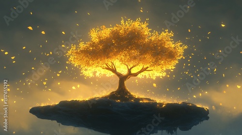 Luminous tree of eternal peace standing alone on a floating island radiating warm golden light that dissolves all tension photo