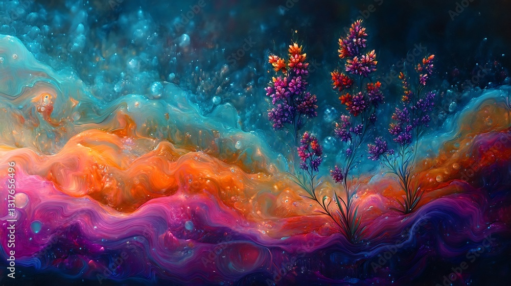 Creative abstract depiction of submerged aquatic plant with vivid fungi growths in the background using a blend of bold colors and soft textures to evoke a mystical underwater world Creative abstract depiction of submerged aquatic plant with vivid fungi growths in the background using a blend of bold colors and soft textures to evoke a mystical underwater world