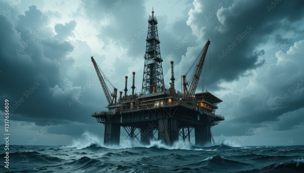Fototapeta premium Oil Rig Offshore Under Dramatic Stormy Sky with Rough Seas