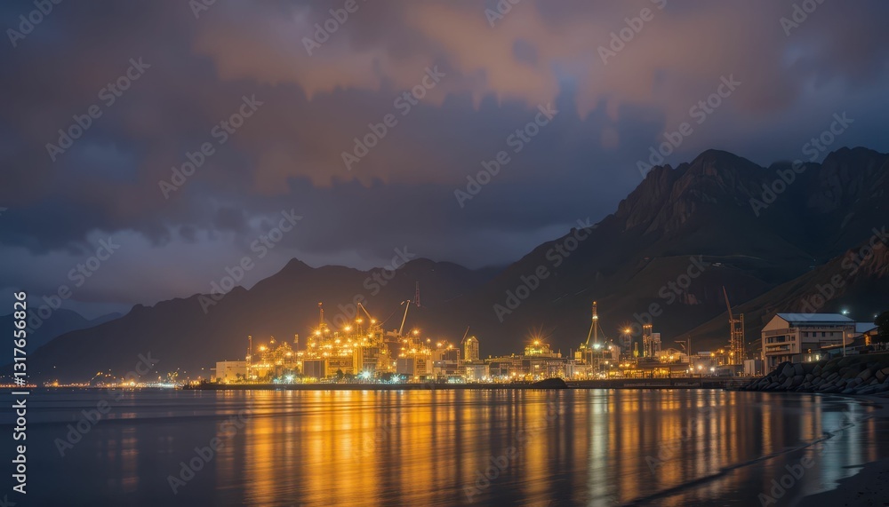 Fototapeta premium Industrial Cityscape at Night with Reflections on Water Surface