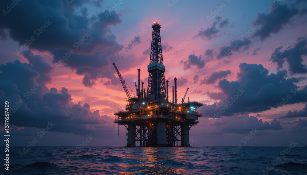 Oil Rig at Sunset with Dramatic Clouds and Water Reflection Oil Rig at Sunset with Dramatic Clouds and Water Reflection