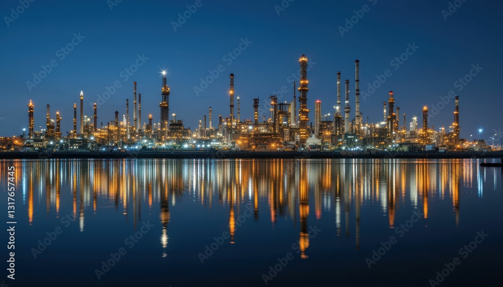 Naklejka premium Nighttime Cityscape with Industrial Oil Refinery and Reflections
