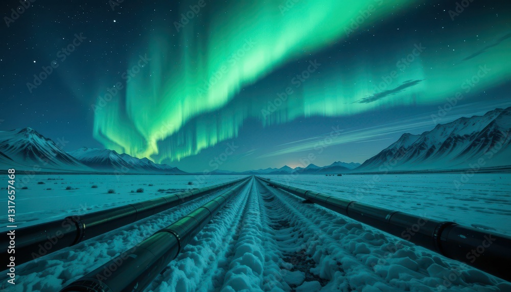 Fototapeta premium Majestic Northern Lights Over Snowy Landscape and Pipeline