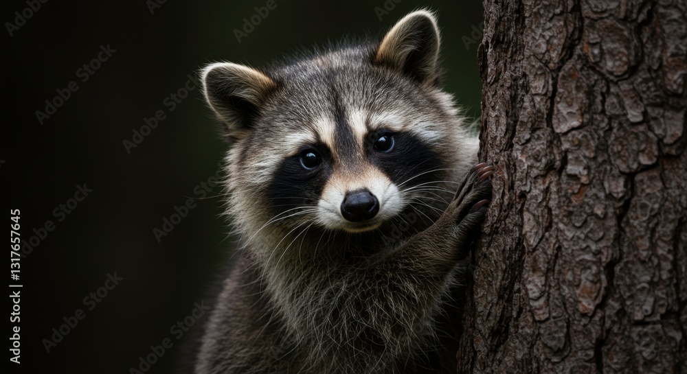 Obraz premium Raccoon Peeking from Behind a Tree Trunk