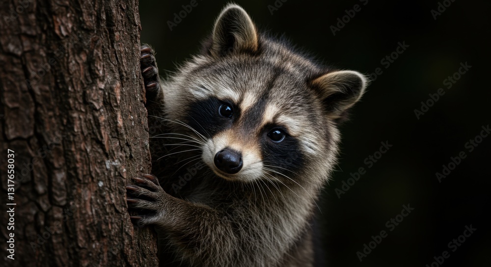 Fototapeta premium Raccoon Peeking from Behind Tree Trunk
