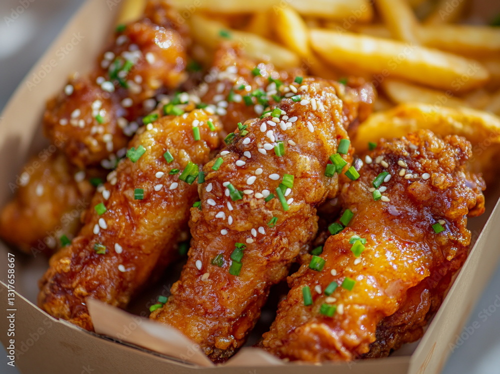 Close-up of crunchy chicken nuggets with herbs and ketchup. Use for fast food packaging, online menu design, or snack product advertising.
Close-up of crunchy chicken nuggets with herbs and ketchup. Use for fast food packaging, online menu design, or snack product advertising.