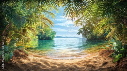 Lush tropical beach scene. Palm trees frame turquoise water and sandy shore under a bright sky