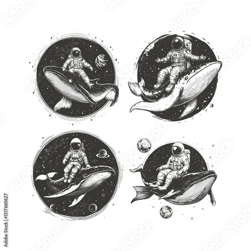 Astronaut riding mighty whale design vector template illustration