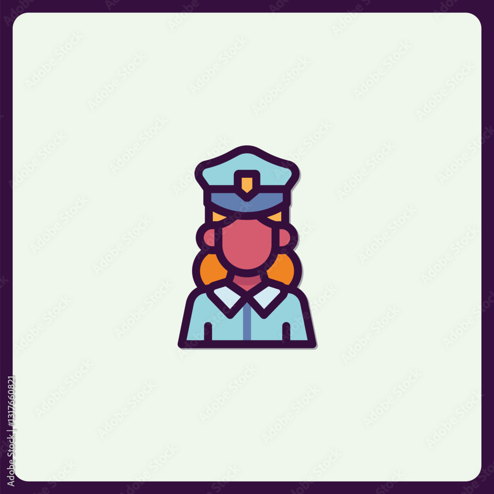 Stylized Icon of Female Police Officer with Blue Uniform and Cap Stylized Icon of Female Police Officer with Blue Uniform and Cap