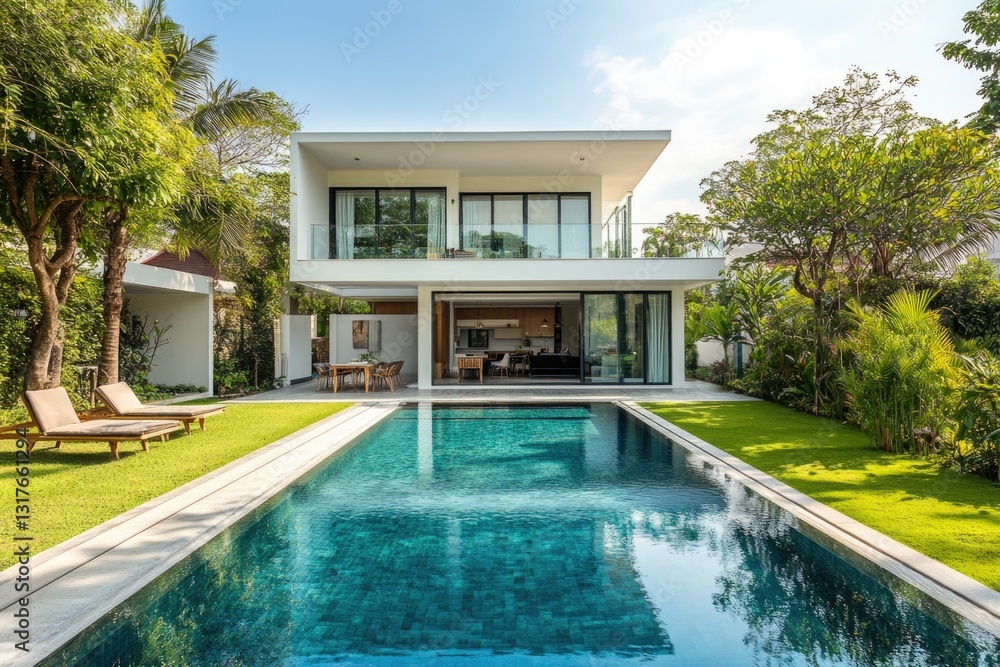 Fototapeta premium Modern luxury house with a swimming pool, outdoor seating, and lush greenery under a clear blue sky.