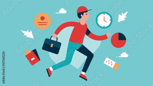 Rushed Delivery A gig worker frantically rushing with a delivery bag surrounded by timers and deadlines depicting high pressure and time constraints.