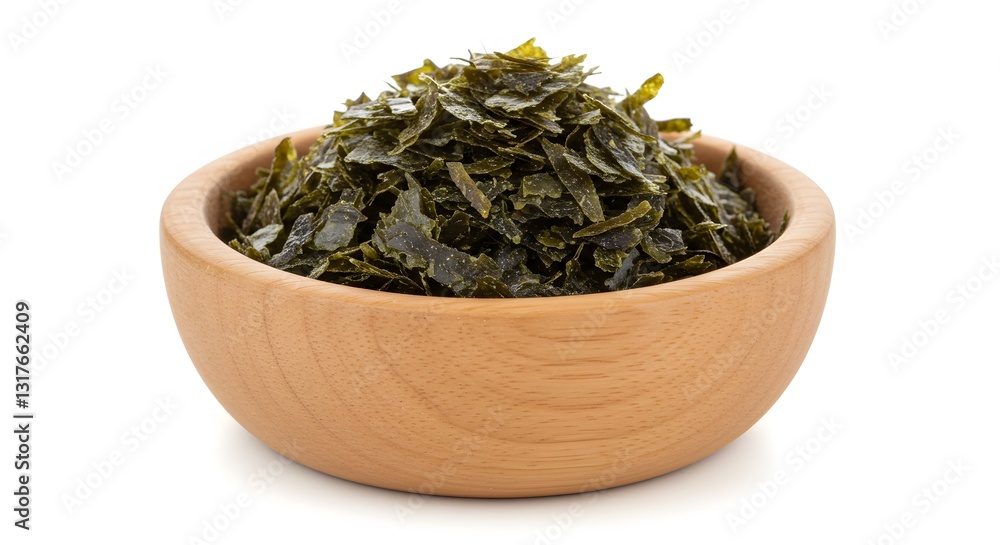 Fototapeta premium Dried Seaweed Flakes in a Wooden Bowl on White Background – Healthy Asian Cuisine Ingredient