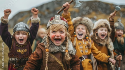 Children dressed as Vikings engage in imaginative play outdoors, wearing historical costumes with helmets, shields, and toy weapons