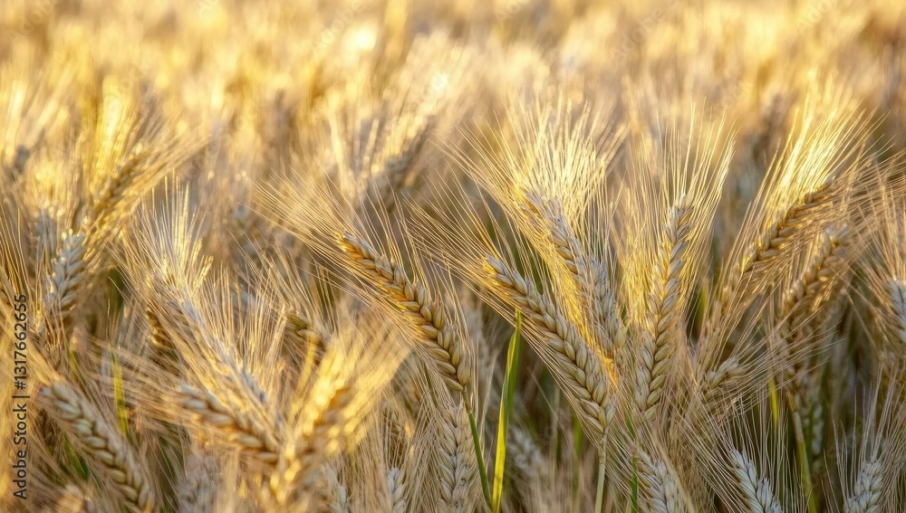 Obraz premium Golden wheat field at sunset, close-up view of wheat stalks, soft focus, warm lighting, agricultural field, natural light, wheat details, sunlight, golden hour, summer, rural, farming, agriculture