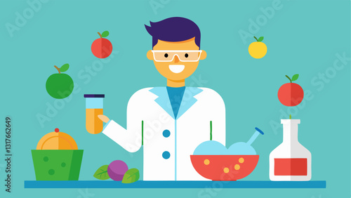 Laboratory Scene A scientist in a lab coat and goggles is mixing colorful liquids in beakers while surrounded by fresh fruits and vegetables on the countertop.