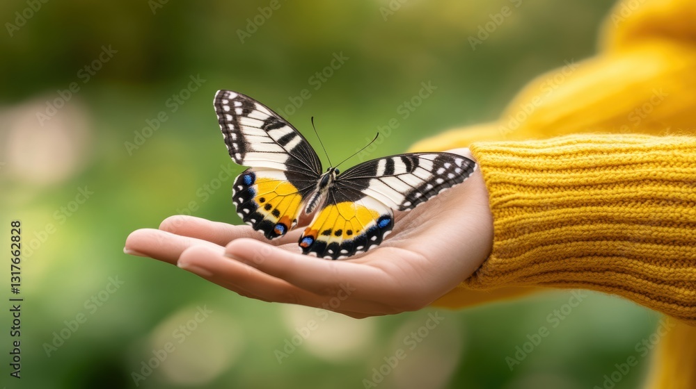 Fototapeta premium A vibrant butterfly perched delicately on an open hand, set against a soft, blurred green background, This image symbolizes beauty and nature and can be used in themes of love, transformation