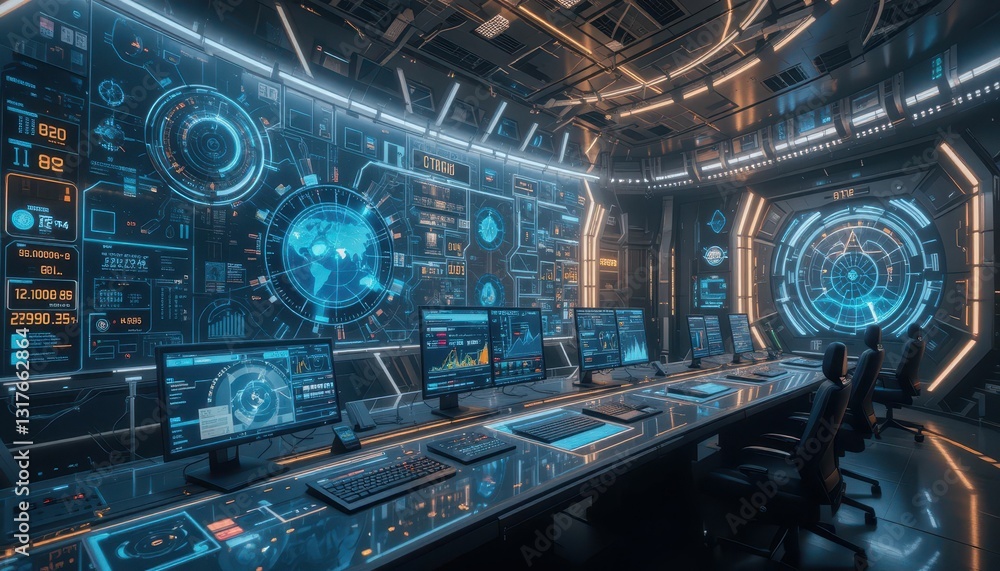 High-Tech Futuristic Control Room with Advanced Digital Displays High-Tech Futuristic Control Room with Advanced Digital Displays
