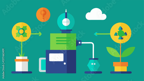Sustainable Printing An ecofriendly concept where a 3D printer is printing items using recycled materials represented by a spool of green filament.