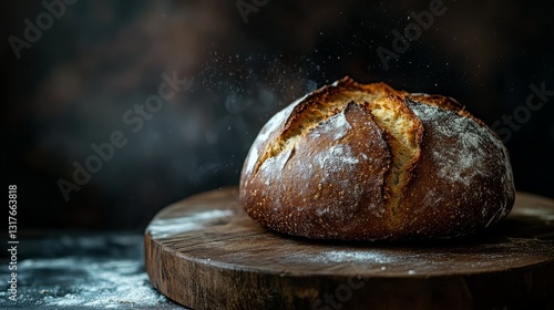 Loaf of homemade country-style bread cooling on a wooden board