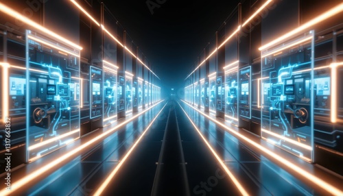 Wallpaper Mural Futuristic Digital Corridor with Neon Lights and High-Tech Displays Torontodigital.ca