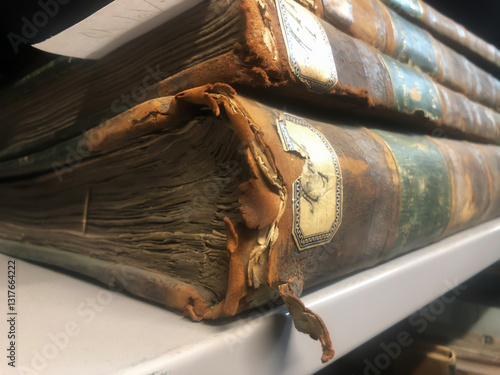 Old worn 17th century books on a shelf in the library's shelfs photo