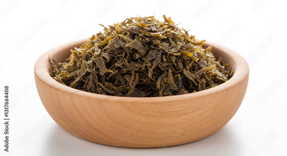 Fototapeta premium Dried Seaweed Flakes in a Wooden Bowl on White Background – Healthy Asian Cuisine Ingredient
