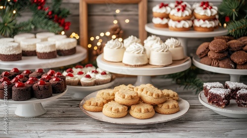 Wallpaper Mural A festive display of various desserts, including cookies and cupcakes, arranged on elegant stands, perfect for holiday celebrations. Torontodigital.ca