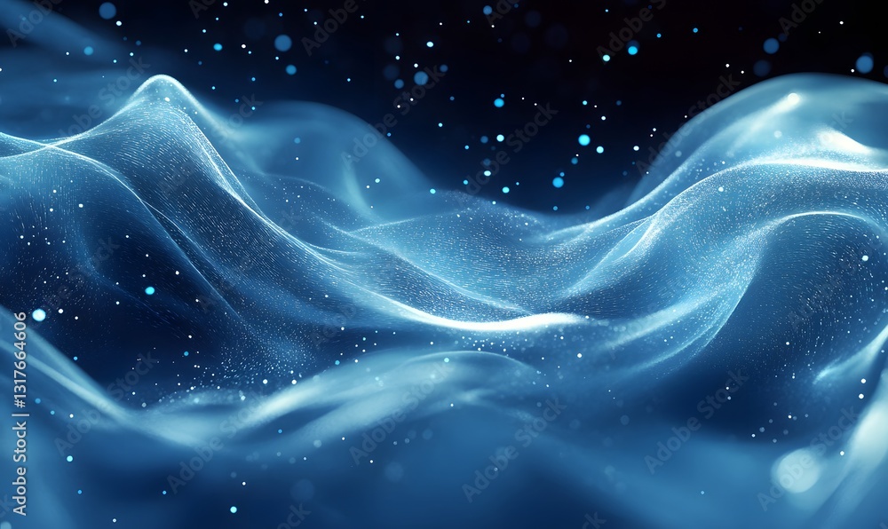 Naklejka premium Abstract blue flowing wave with luminous particles in a dark background