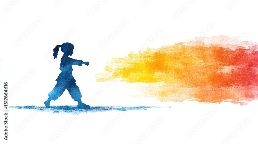 Naklejka premium Colorful Watercolor Illustration of Female Athlete Training in Kickboxing, Karate, and MMA Silhouette on White Background