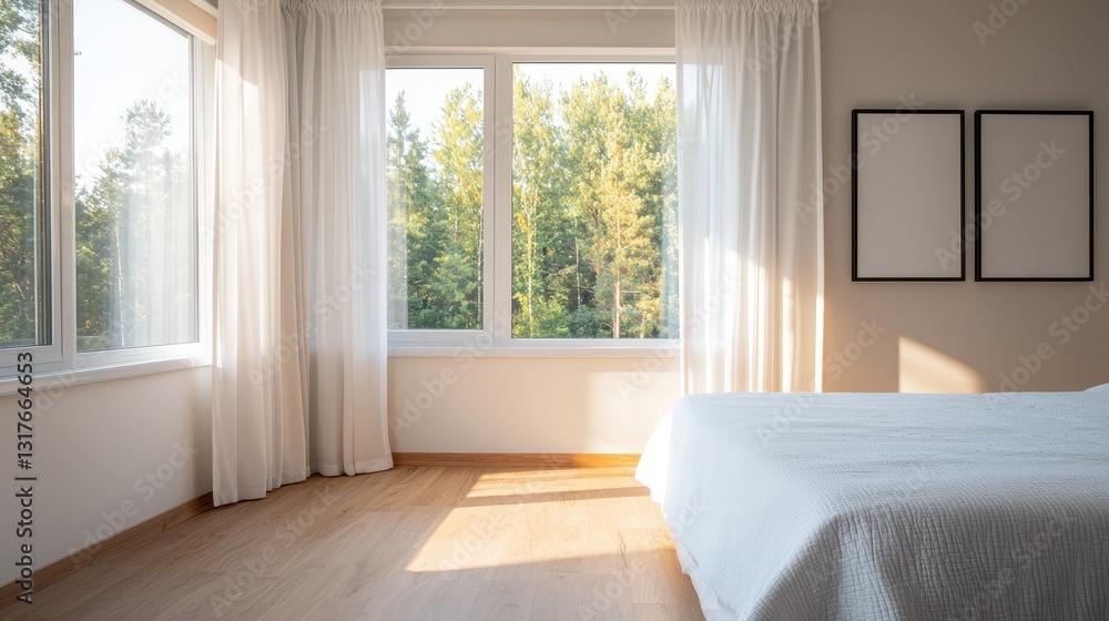 Fototapeta premium A serene interior of a bedroom with large windows, soft curtains, and a cozy bed, inviting natural light and offering a view of lush greenery outside.