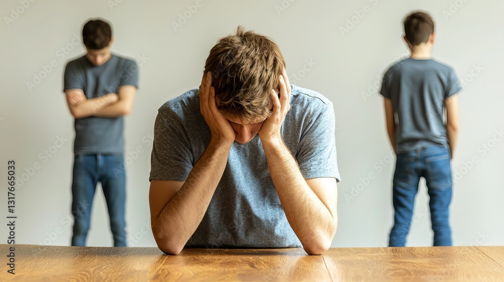 Contemplative young Caucasian man expressing frustration at a table with two reflections behind him. Contemplative young Caucasian man expressing frustration at a table with two reflections behind him.