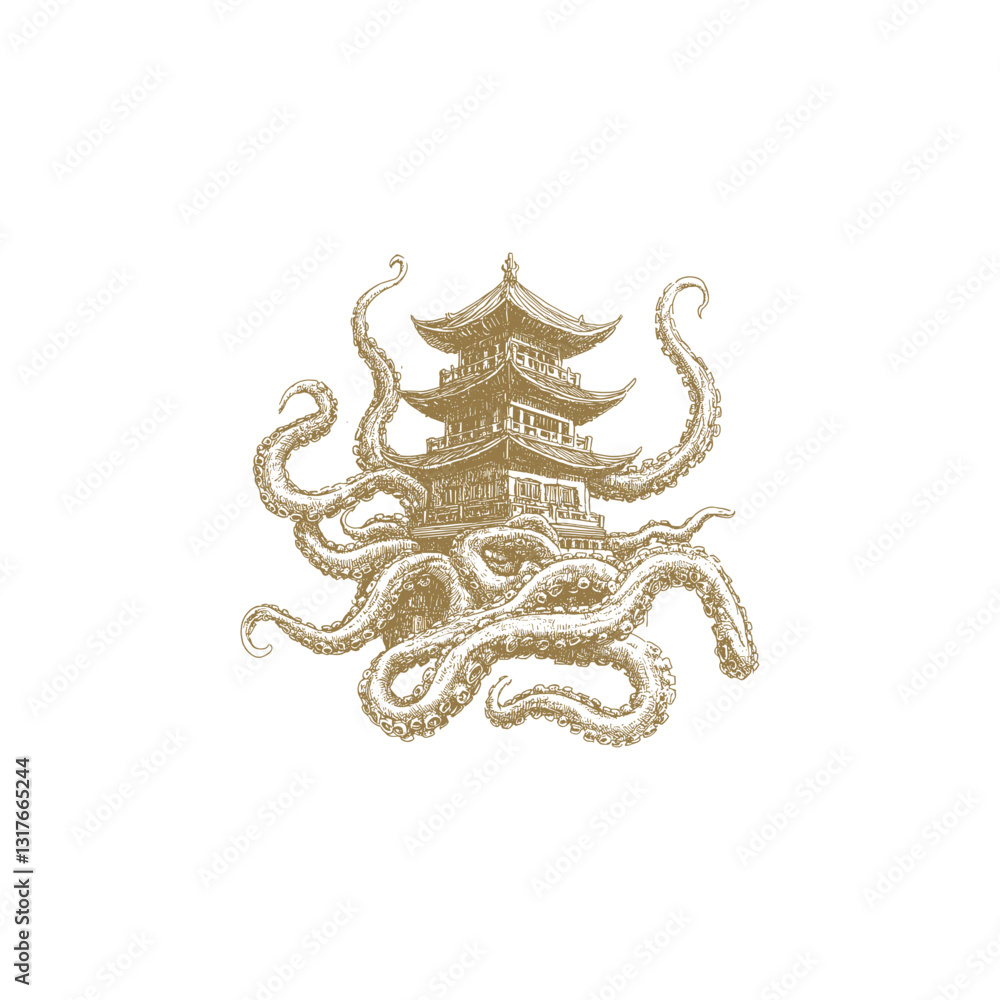 Obraz premium octopus attacks pagoda engraving design vector template t-shirt logo illustration