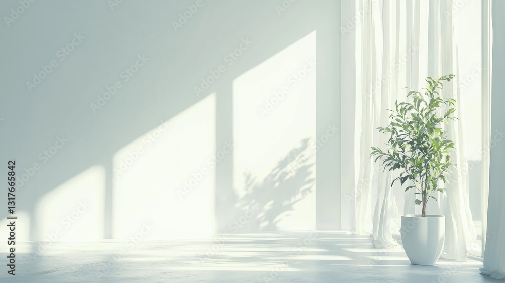 Fototapeta premium Bright room plant, light, white wall, curtain casting shadow