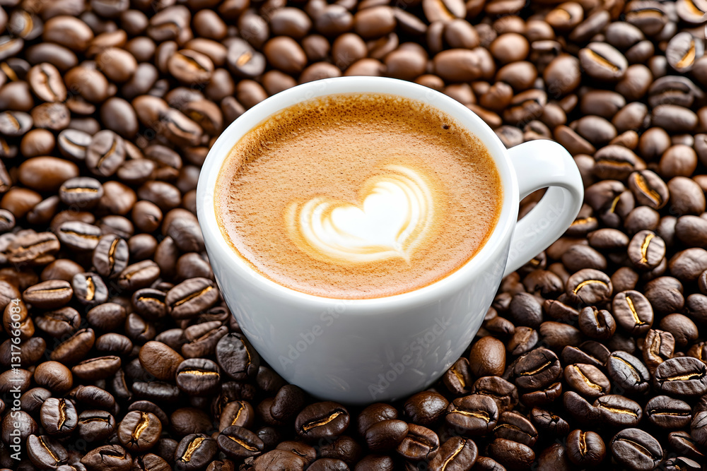 Espresso cup with heart design in foam nestled among roasted coffee beans Espresso cup with heart design in foam nestled among roasted coffee beans