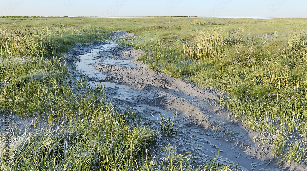 Muddy track through coastal marsh grassland at sunset. Use Travel brochure, nature documentary Muddy track through coastal marsh grassland at sunset. Use Travel brochure, nature documentary