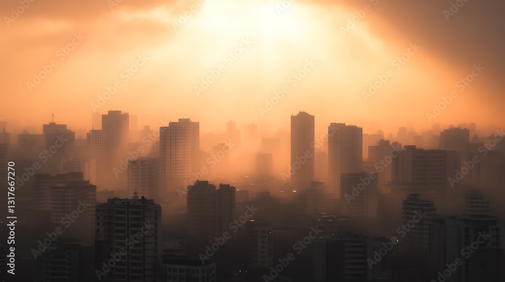 Cityscape View of Skyline with Building in Fog and Golden Light Cityscape View of Skyline with Building in Fog and Golden Light
