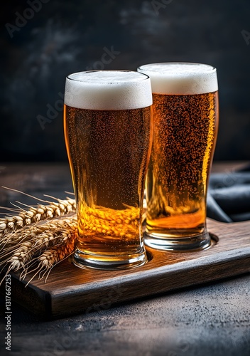 Two glasses of beer on wooden tray with wheat and dark background perfect for beverage advertisements