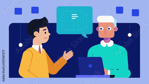 Mentorship Session A senior trainer mentoring a junior expert on ethical AI principles with a digital screen showcasing various ethical dilemmas.