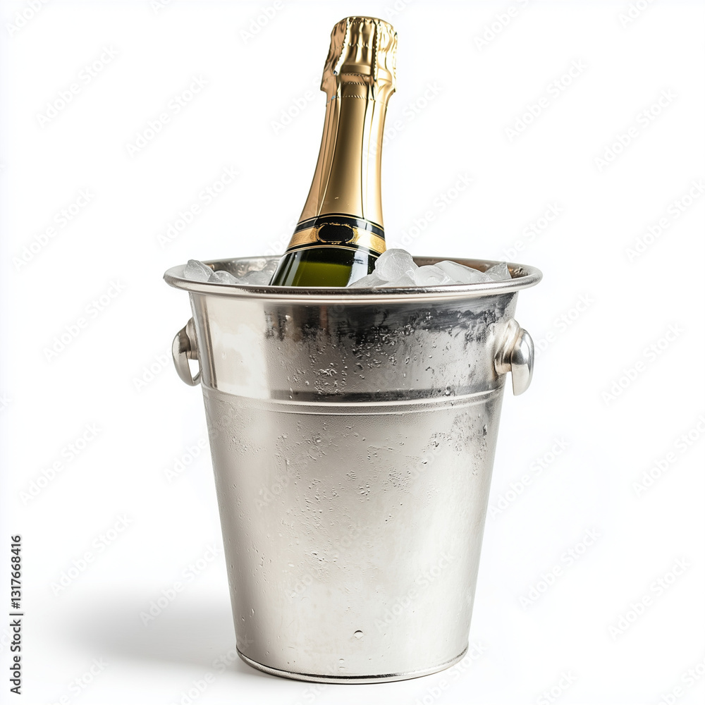Chilled Champagne Bottle in Ice Bucket on Bright White Background
Chilled Champagne Bottle in Ice Bucket on Bright White Background
