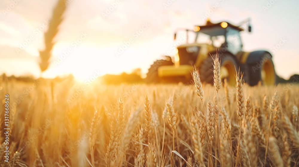 Fototapeta premium A golden field of wheat bathed in the warm glow of dusk, with a blurred tractor in the distance. The scene captures the essence of harvest and peaceful rural life.